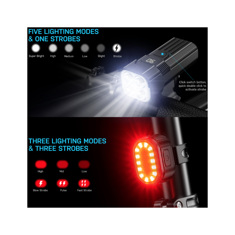 Bike Light for Night Riding, 2000LM Bicycle Headlight & Taillight, USB-C Rechargeable Waterproof LED Bike Headlights