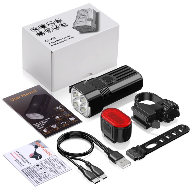 Bike Light for Night Riding, 2000LM Bicycle Headlight & Taillight, USB-C Rechargeable Waterproof LED Bike Headlights