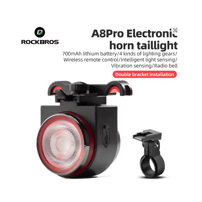 ROCKBROS A8 PRO Remote Control Bicycle Tail Light + Horn Brake Sensing Alarm Taillight IPX5 Bicycle Rear Light Electronic Bike Bell