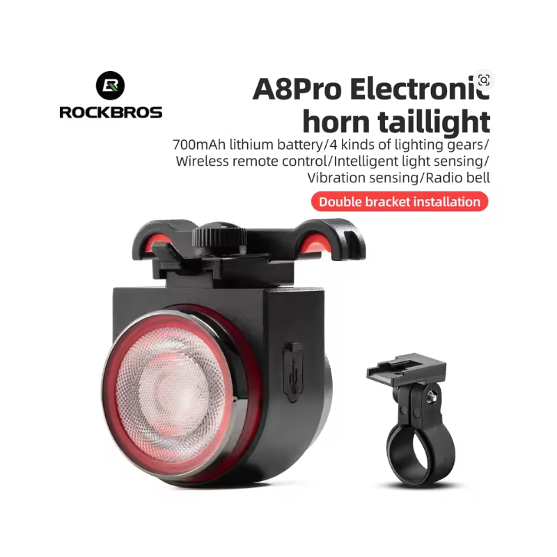 ROCKBROS A8 PRO Remote Control Bicycle Tail Light + Horn Brake Sensing Alarm Taillight IPX5 Bicycle Rear Light Electronic Bike Bell