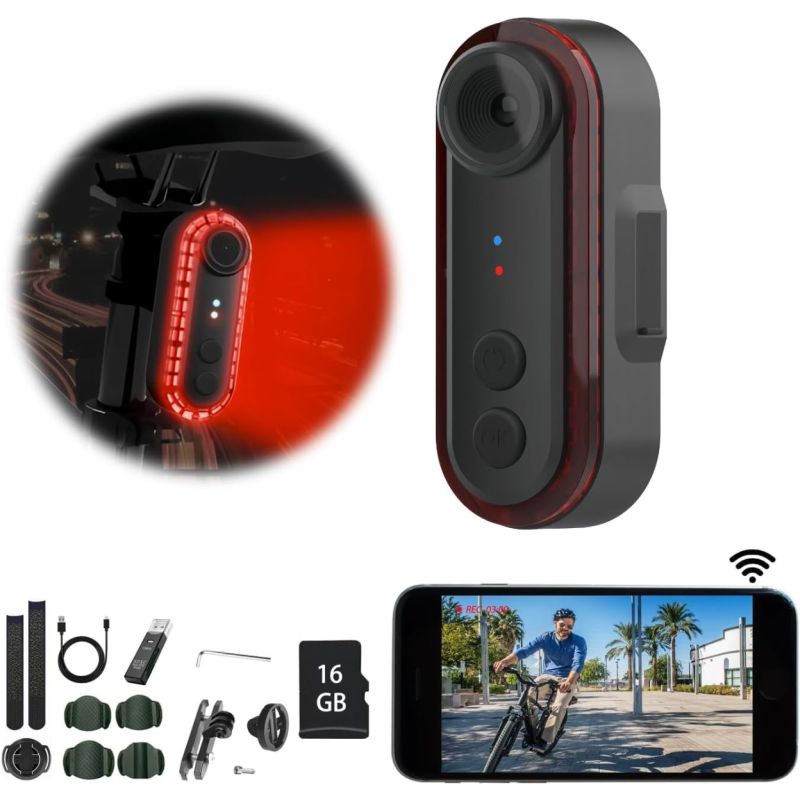 Bike Rear View Camera with Tail Light APP Control 1080P 150° Wide Angle Bicycle Camera IPX6 Waterproof USB-C Rechargeable for Mountain Road Bike E-Bikes