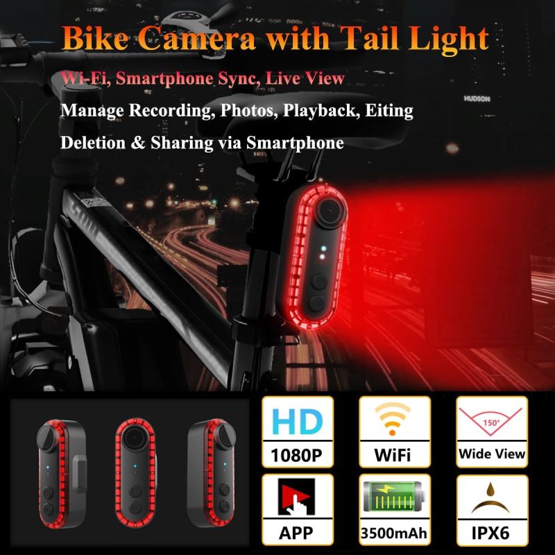 Bike Rear View Camera with Tail Light APP Control 1080P 150° Wide Angle Bicycle Camera IPX6 Waterproof USB-C Rechargeable for Mountain Road Bike E-Bikes