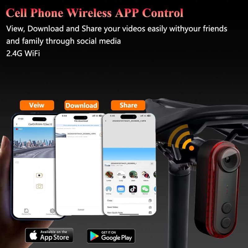 Bike Rear View Camera with Tail Light APP Control 1080P 150° Wide Angle Bicycle Camera IPX6 Waterproof USB-C Rechargeable for Mountain Road Bike E-Bikes