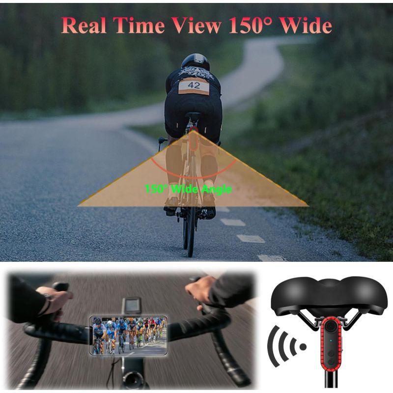 Bike Rear View Camera with Tail Light APP Control 1080P 150° Wide Angle Bicycle Camera IPX6 Waterproof USB-C Rechargeable for Mountain Road Bike E-Bikes