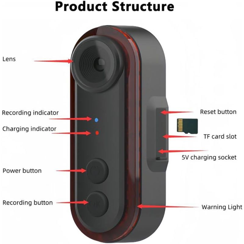 Bike Rear View Camera with Tail Light APP Control 1080P 150° Wide Angle Bicycle Camera IPX6 Waterproof USB-C Rechargeable for Mountain Road Bike E-Bikes