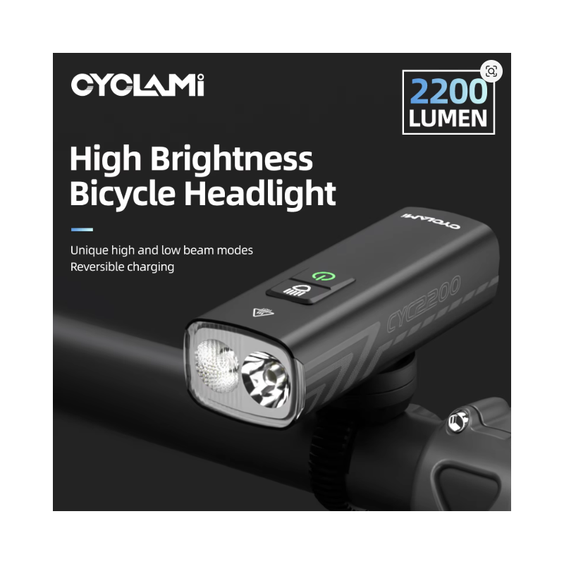 CYCLAMI CYC2200 Bike Light Front Lamp 2200 Lumens Type-C Rechargeable Bicycle Light 