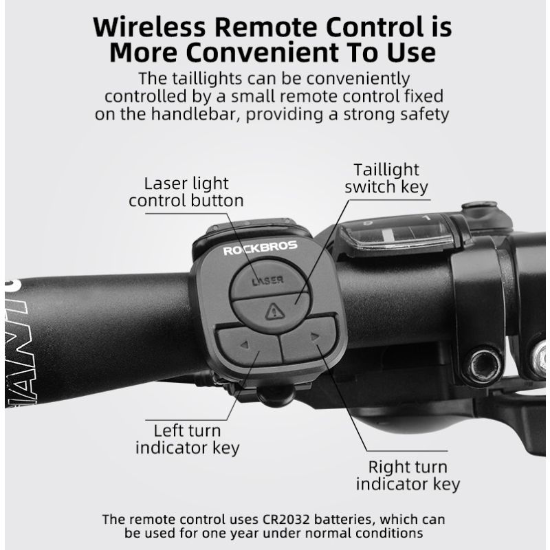 ROCKBROS LKWD-R1 Turn Signal Light with Remote Control, Steering Laser Light, Smart Wireless Bike Light 