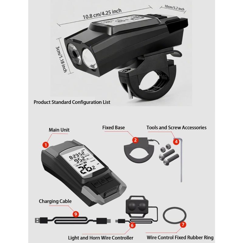 Bike Headlight Speedometer Horn Waterproof Rechargeable Bicycle Front Lamp Cycling Computer MTB Bike Accessories