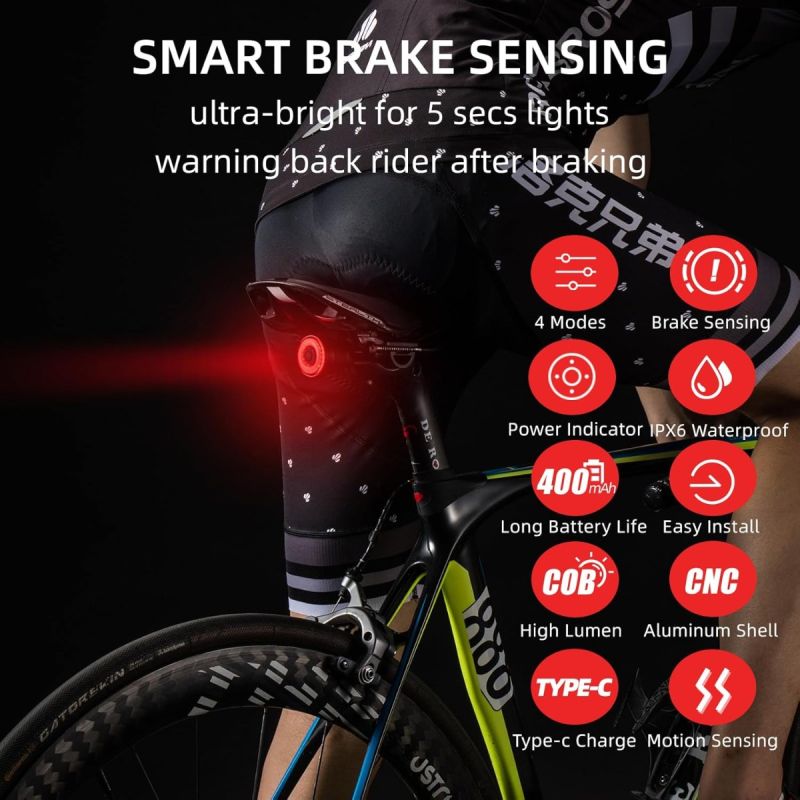 ROCKBROS Q5 Bike Tail Light Smart,Brake Sensing Bicycle Rear Lights for Night Ride,Ultra Bright LED Back Lights,Type C USB Rechargeable Cycling Safety Taillight 
