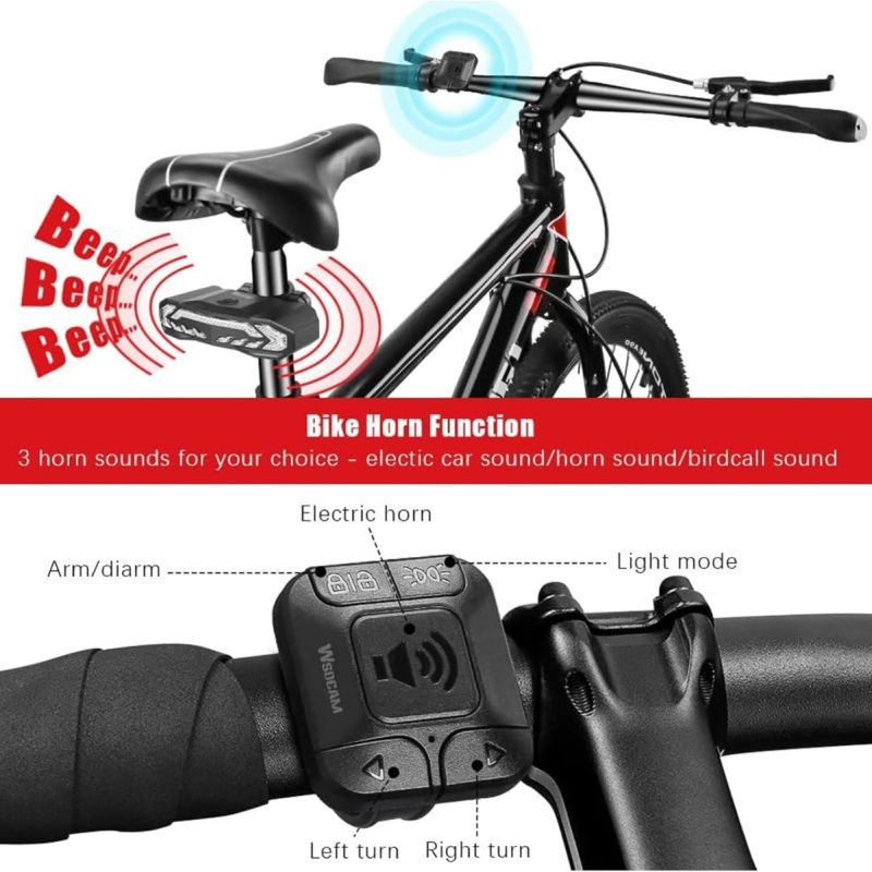 Smart Bike Light with Turn Signals, Brake Light, and Alarm Horn - Rechargeable Waterproof Rear Bicycle Tail Light with Remote