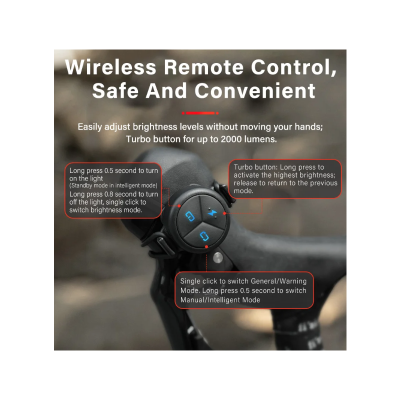 NITEBEAM Světlo na Kolo CL1600 s Bezdrátovým Dálkovým Ovládáním – 1600 Lumen Ultra Jasné – GoPro Základna – Dobíjecí Baterie 5000mAh USB-C – Dlouhá Výdrž Až 12 Hodin – IPX6 Vodotěsné – Pro Noční Jízdu na Kole/MTB/Silnici – Bezpečnost a Viditelnost Cyklist