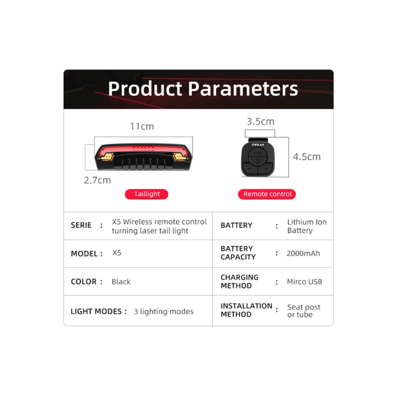 Meilan X5 Bicycle Rear Light Bike Remote Wireless Light Turn Signal LED Beam USB Chargeable Waterproof Cycling Tail Light