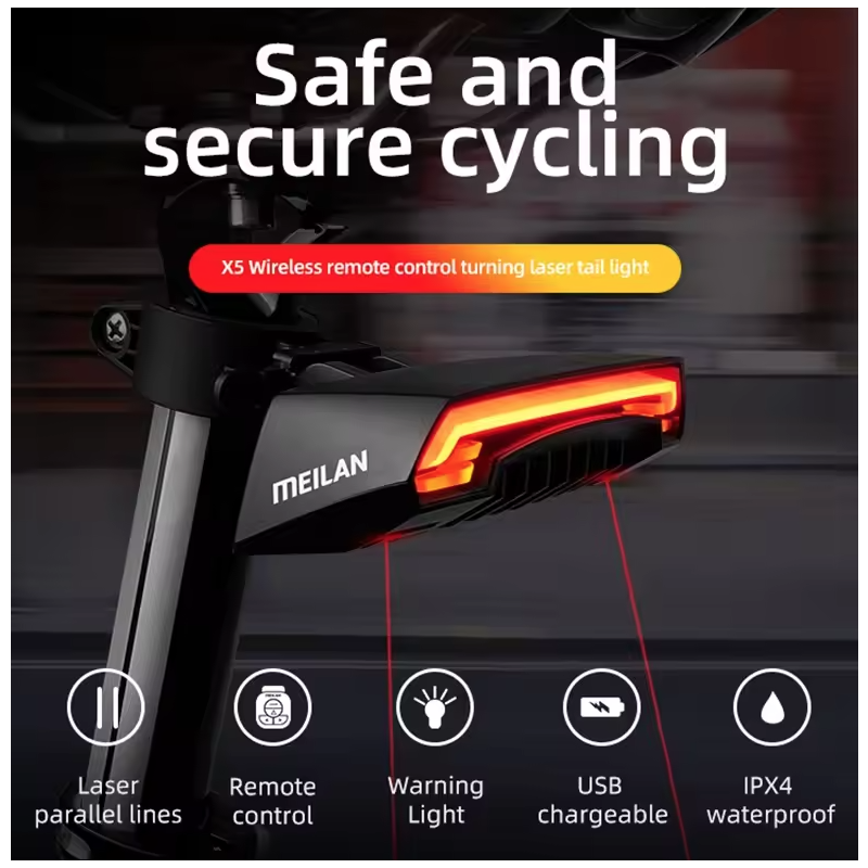 Meilan X5 Bicycle Rear Light Bike Remote Wireless Light Turn Signal LED Beam USB Chargeable Waterproof Cycling Tail Light